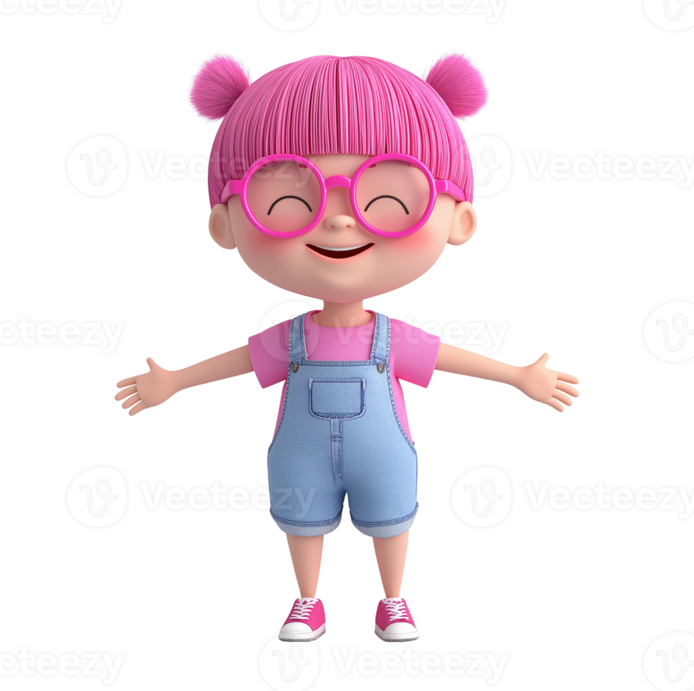 Cute cartoon girl with pink hair and glasses transparent image. Happy smiling kid wears denim overalls isolated cutout 3d render. Arms outstretched cut out clipart design element png