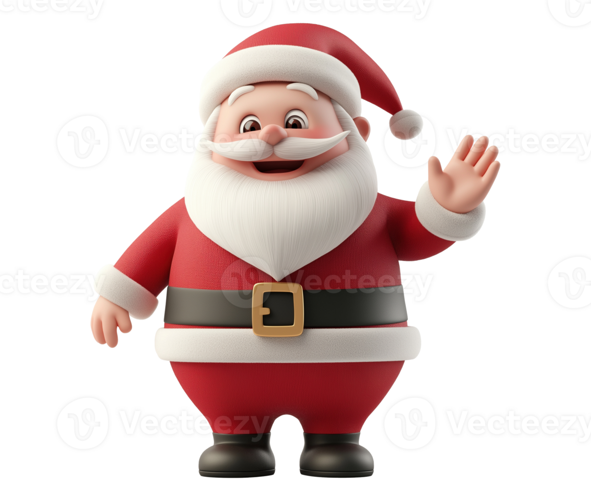 Friendly Santa Claus waving hello transparent image. Santaclaus with warm smile and white beard isolated cutout 3d render. Xmas holiday greeting cut out clipart design element png