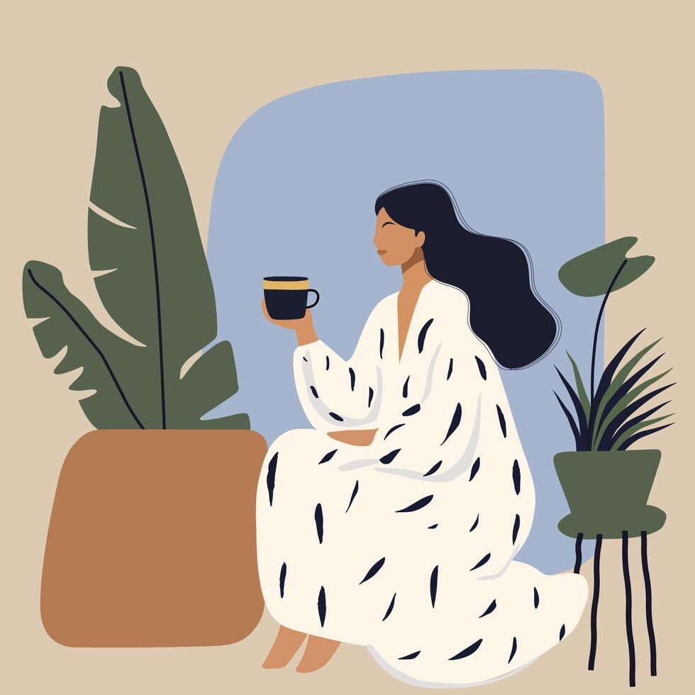 Beautiful woman in a bathrobe enjoys a cup of tea or coffee at home. Wellness and stress release concept, modern illustration vector