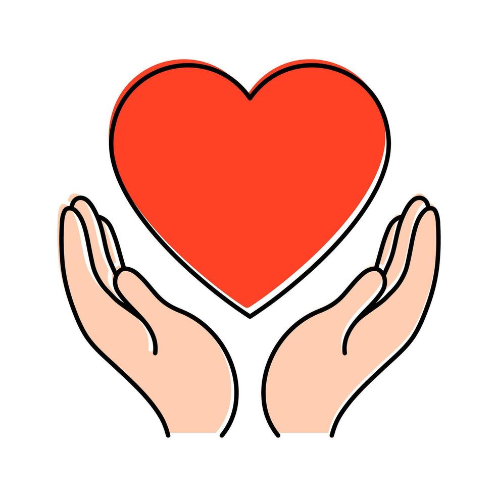 Charity icon, hands holding a red heart. Donation, support, compassion concept. vector