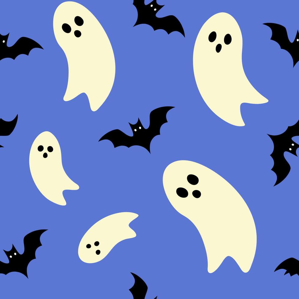 Cute ghost and spooky bats are flying on the blue background. Halloween seamless pattern vector