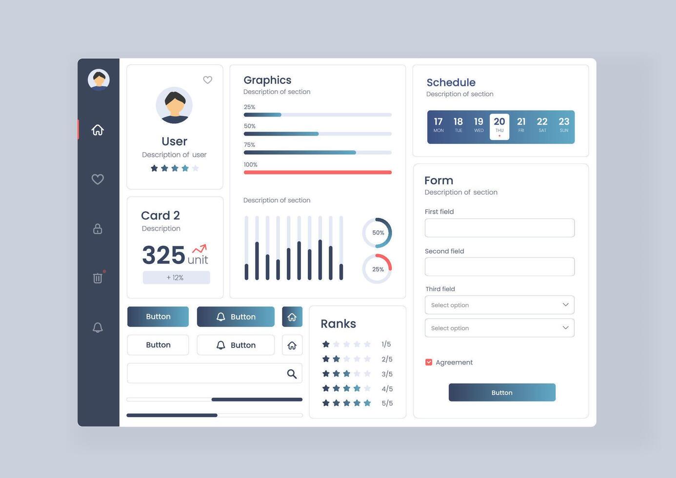 Dashboard user interface with diverse data visualization. Analytics dashboard user interface that includes a variety of charts and tables for efficient data management and monitoring. vector
