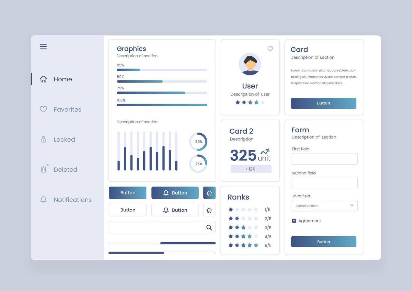 Analytics user interface dashboard. Analytics dashboard user interface that includes a variety of charts and tables for efficient data management and monitoring. vector