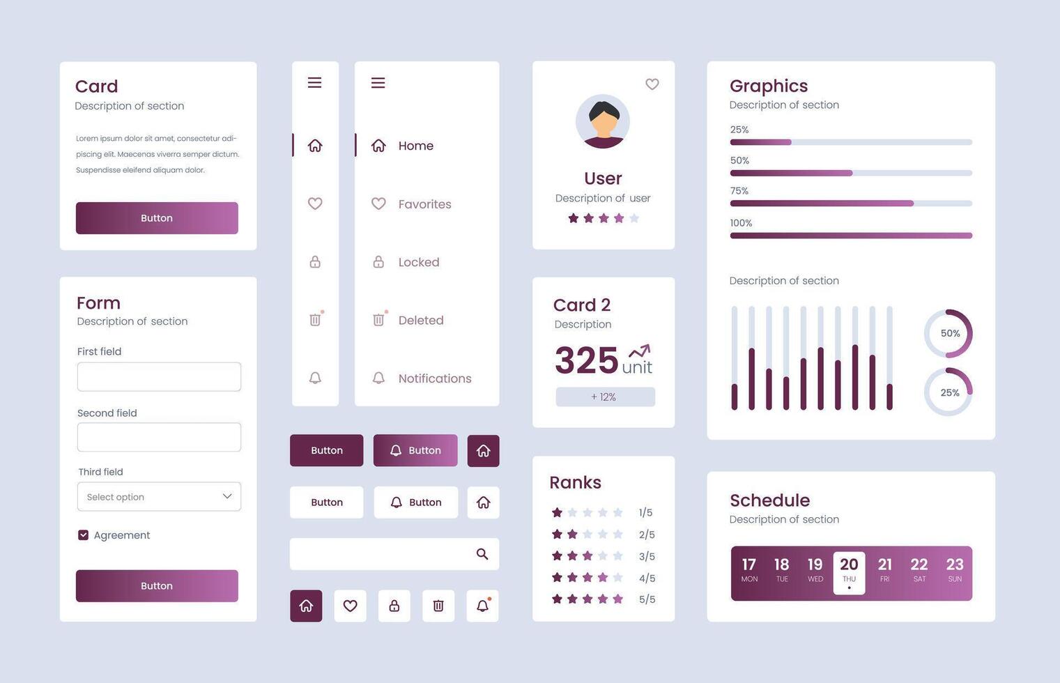 Web designing ui kit, mobile apps with the different buttons, charts, diagrams, menu, search, tabs and others.tled vector