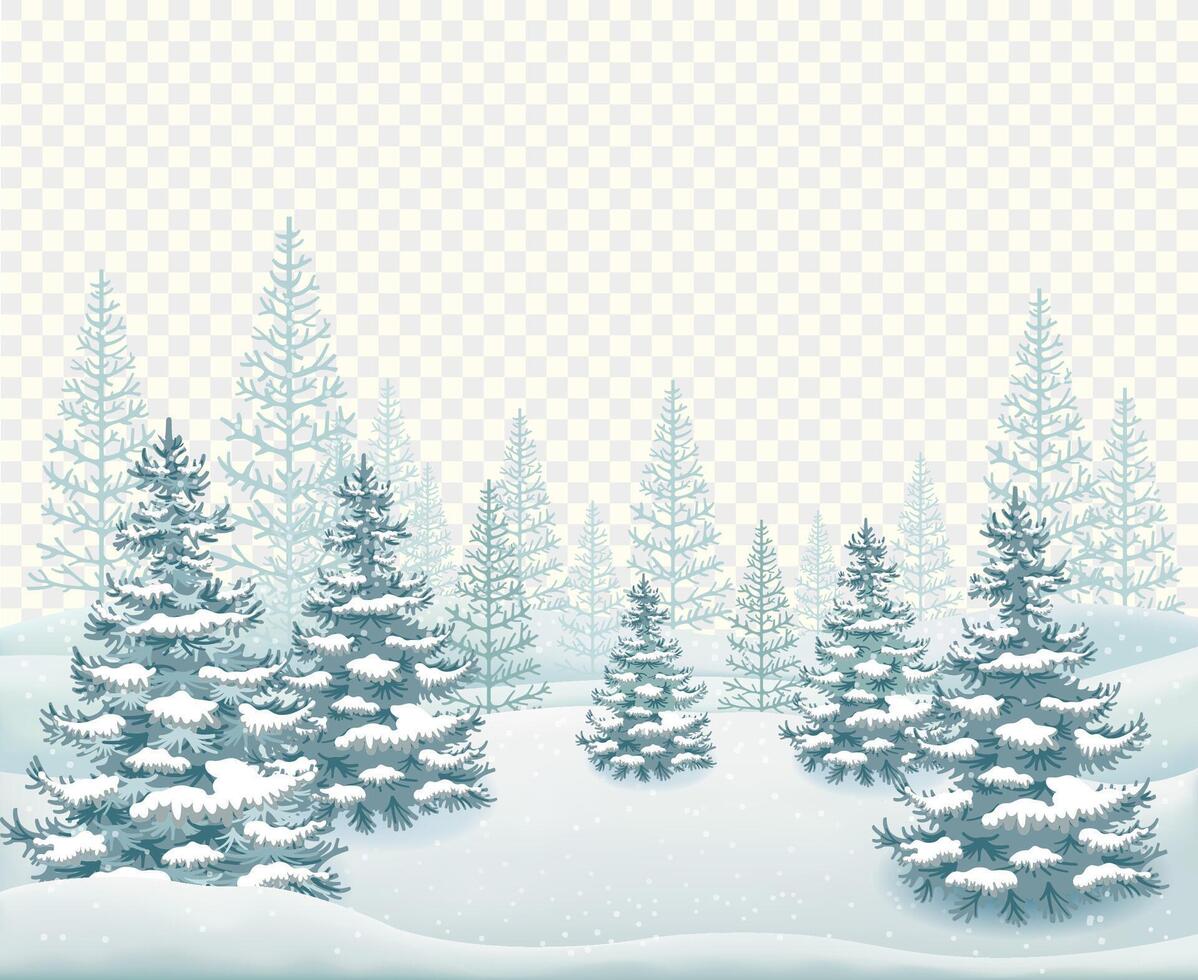 Winter landscape with falling snow, snowy hills, and fir trees. Isolated illustration. vector