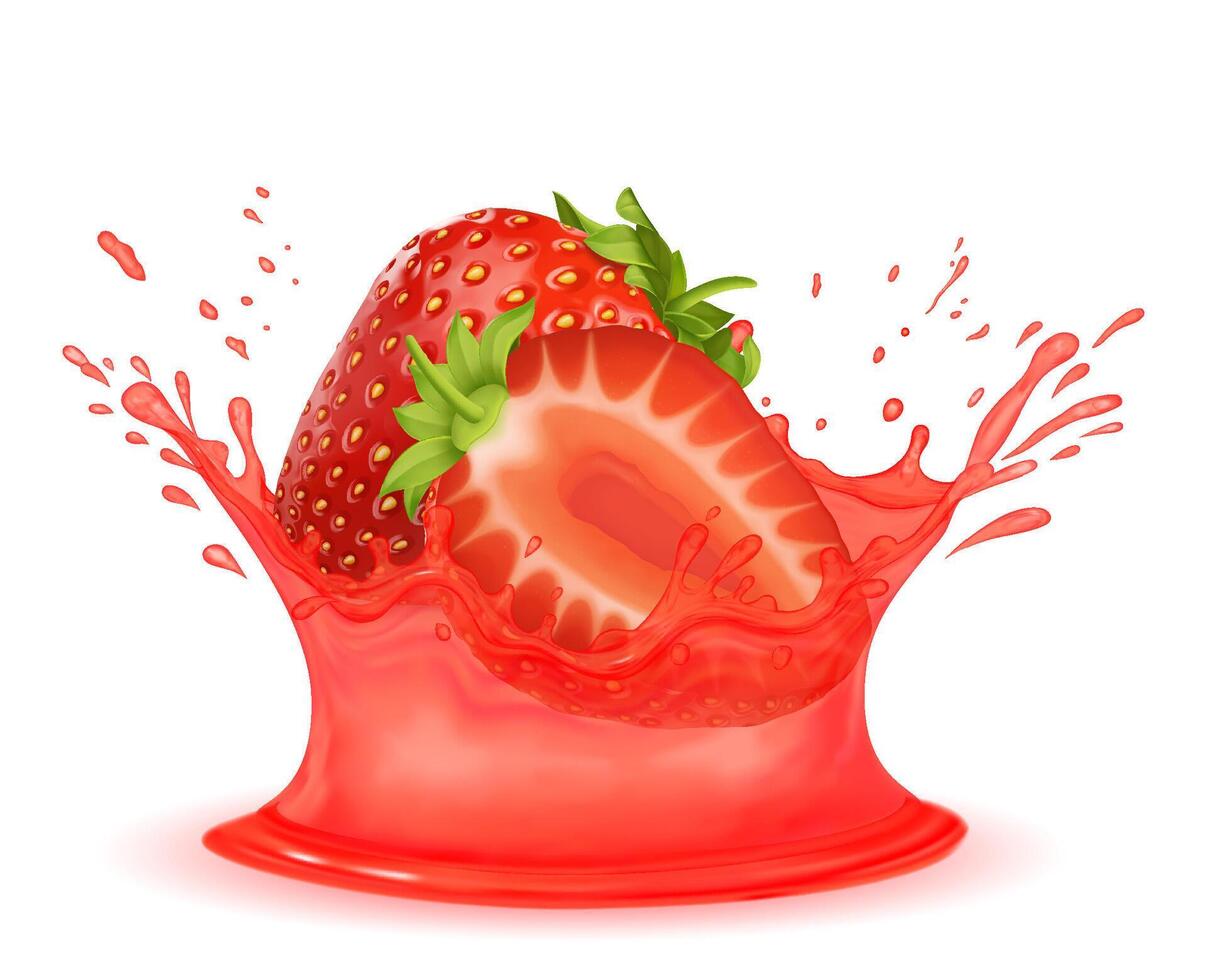 Whole and sliced strawberry falling into a splash of transparent juice. Realistic illustration of fresh fruit. vector