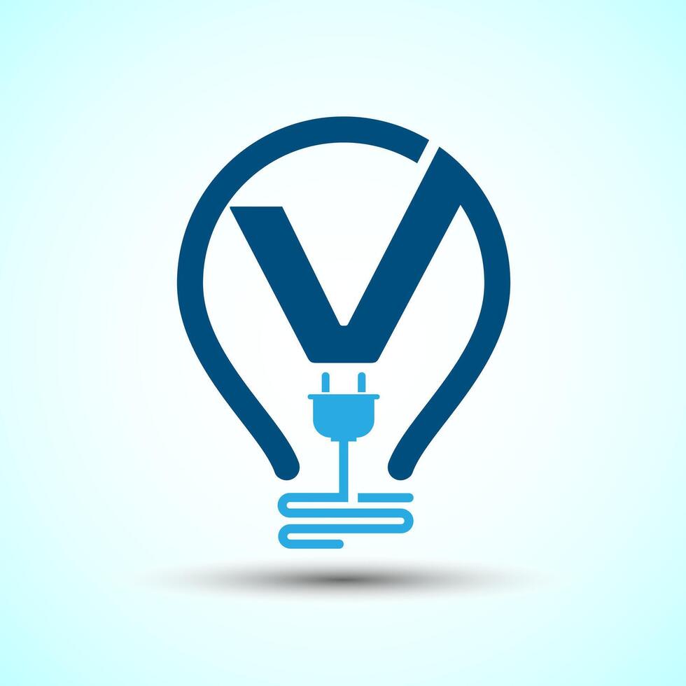Initial alphabet V with an electric bulb and plug. Electricity logo design template vector