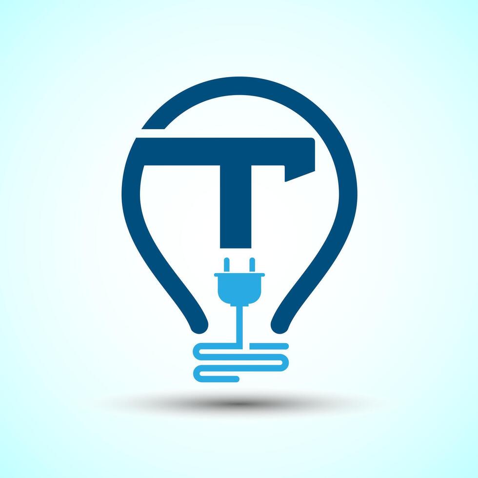 Initial alphabet T with an electric bulb and plug. Electricity logo design template vector