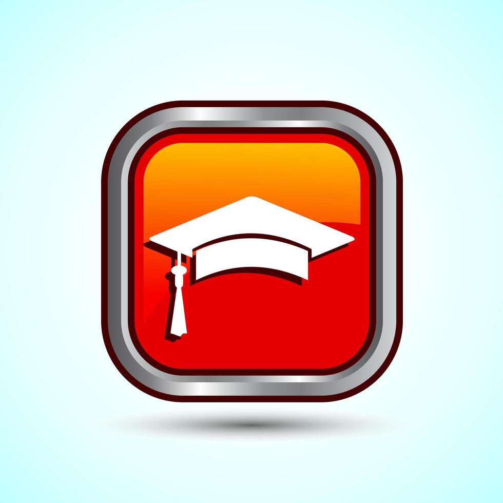 Graduation Hat Icon Design Illustration, Academic Cap Icon For Apps and Websites, Orange Color Square Button Design vector