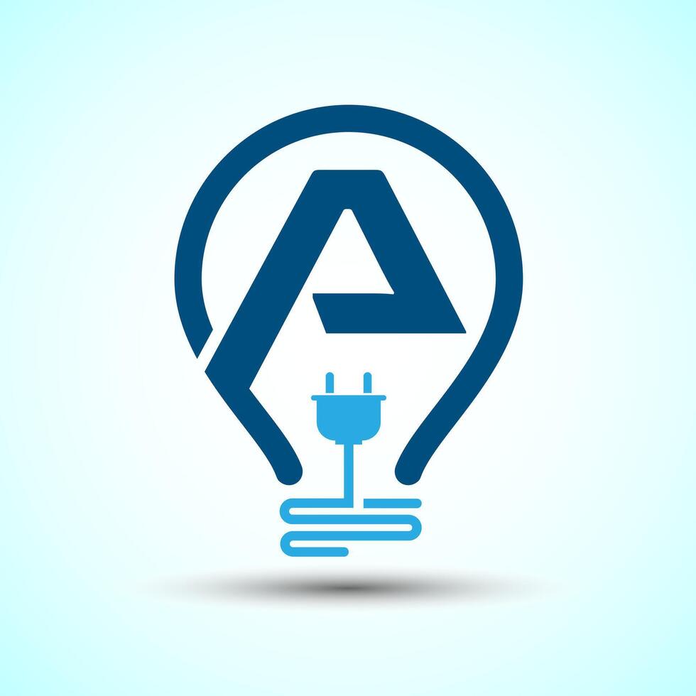 Initial alphabet A with an electric bulb and plug. Electricity logo design template vector