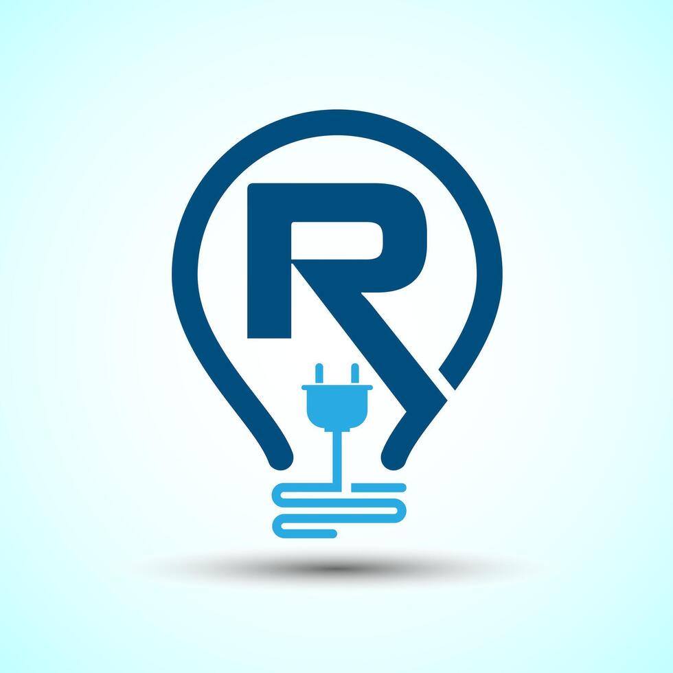 Initial alphabet R with an electric bulb and plug. Electricity logo design template vector