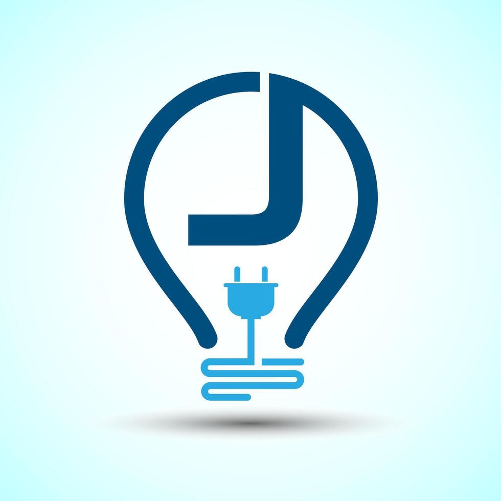Initial alphabet J with an electric bulb and plug. Electricity logo design template vector