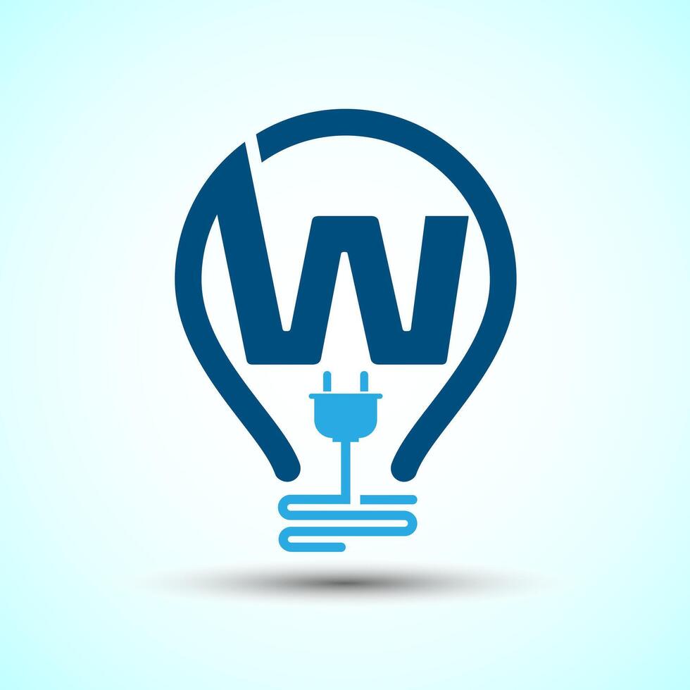 Initial alphabet W with an electric bulb and plug. Electricity logo design template vector