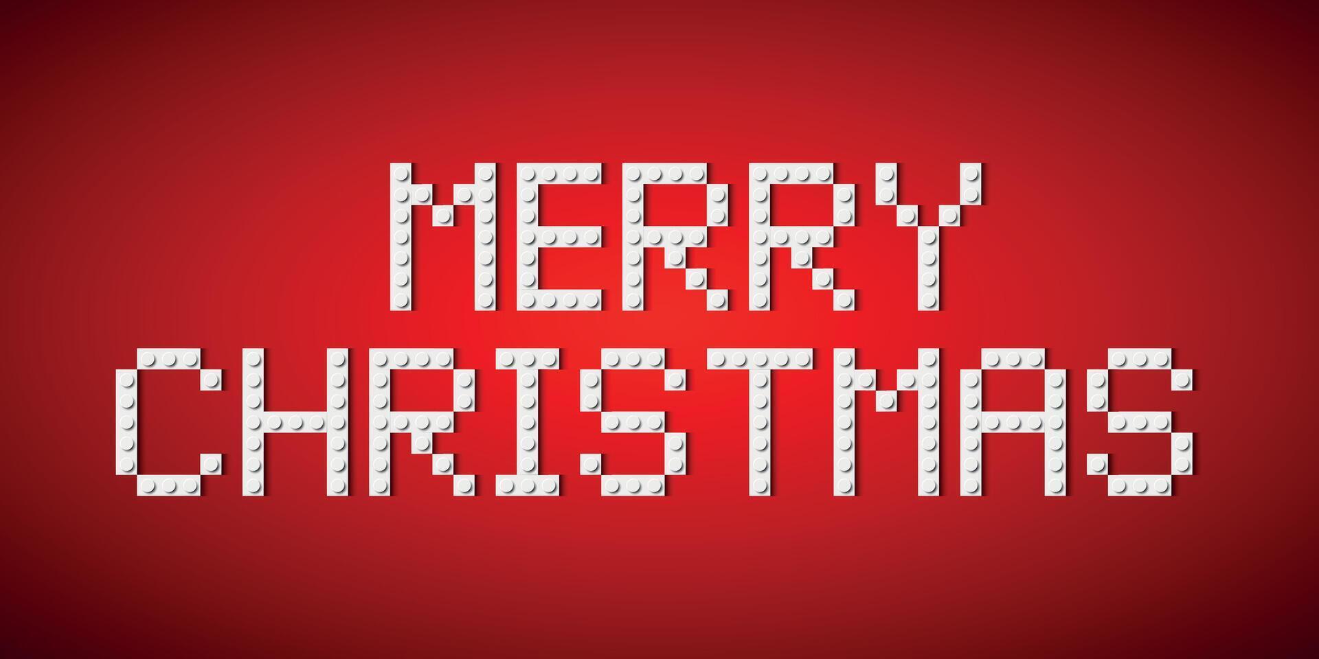 Merry Christmas sign made of white plastic brick toy blocks on red background. Building bricks font. illustration vector