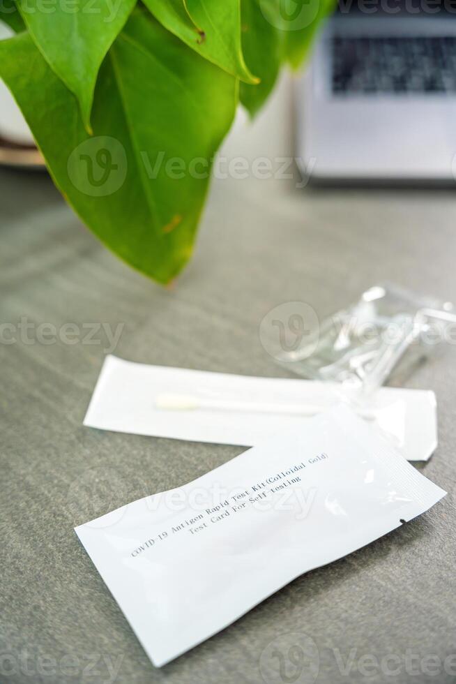 Rapid Antigen Test kit with all needed during swab COVID-19 testing. Coronavirus Self nasal or Home test, Autumn exacerbation of viruses. High quality photo