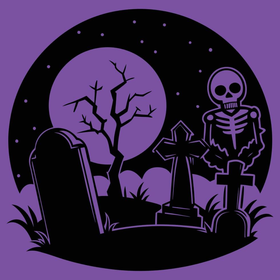 Halloween graveyard with skeleton and tombstone vector