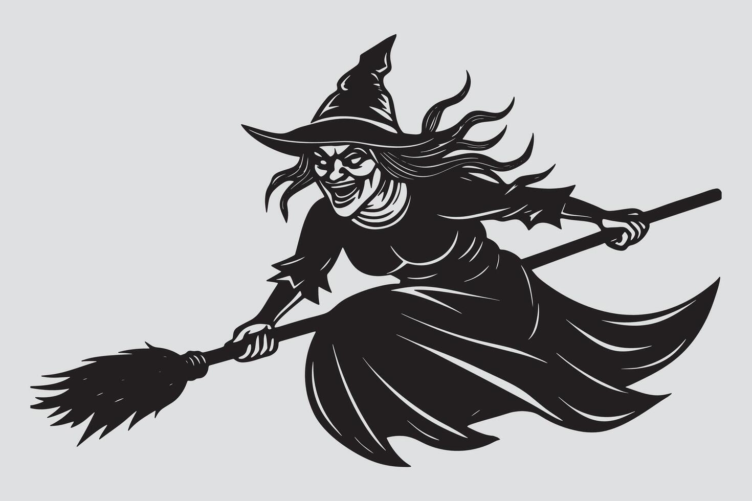 A black and white illustration of a witch flying on a broom vector
