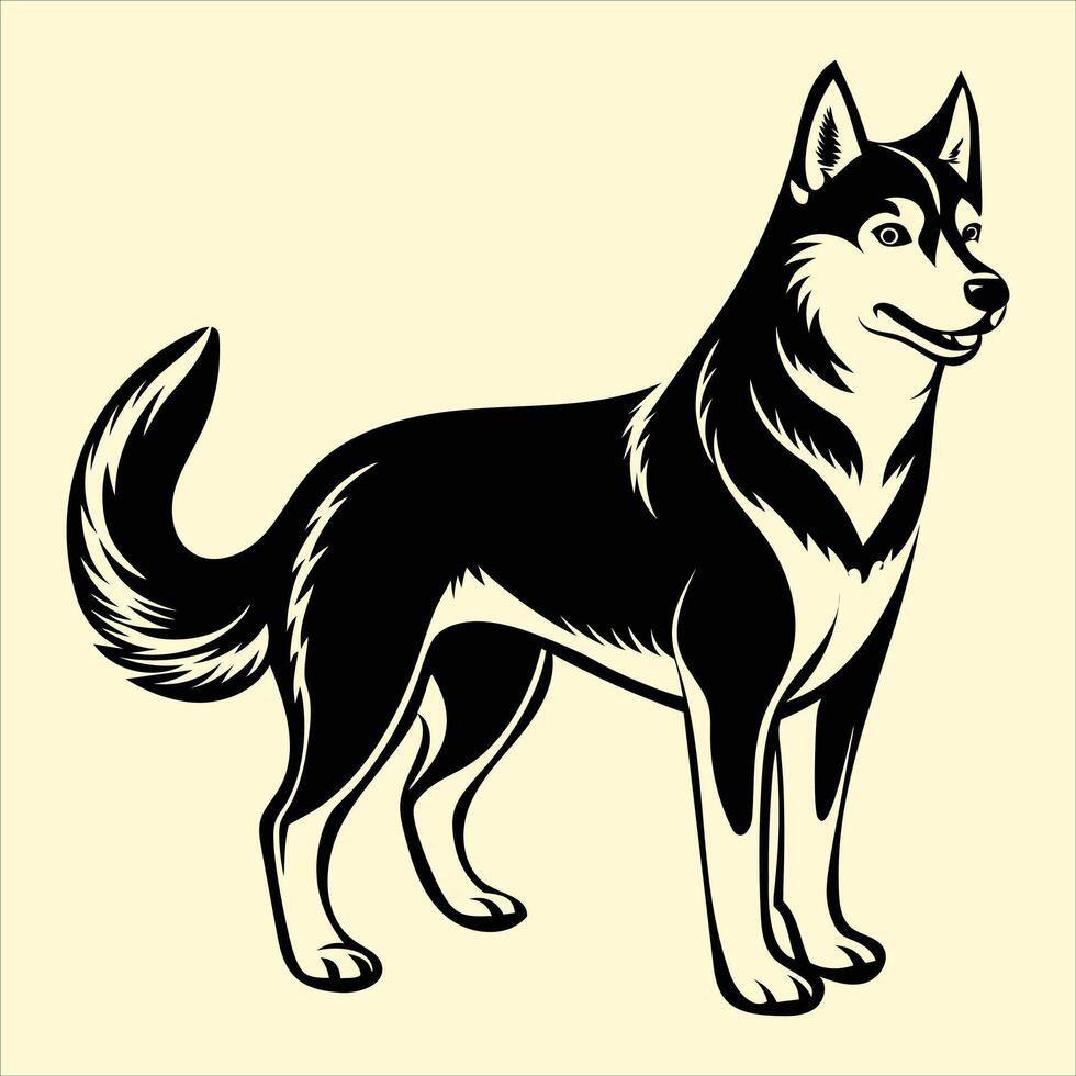A black and white dog standing on a beige background vector