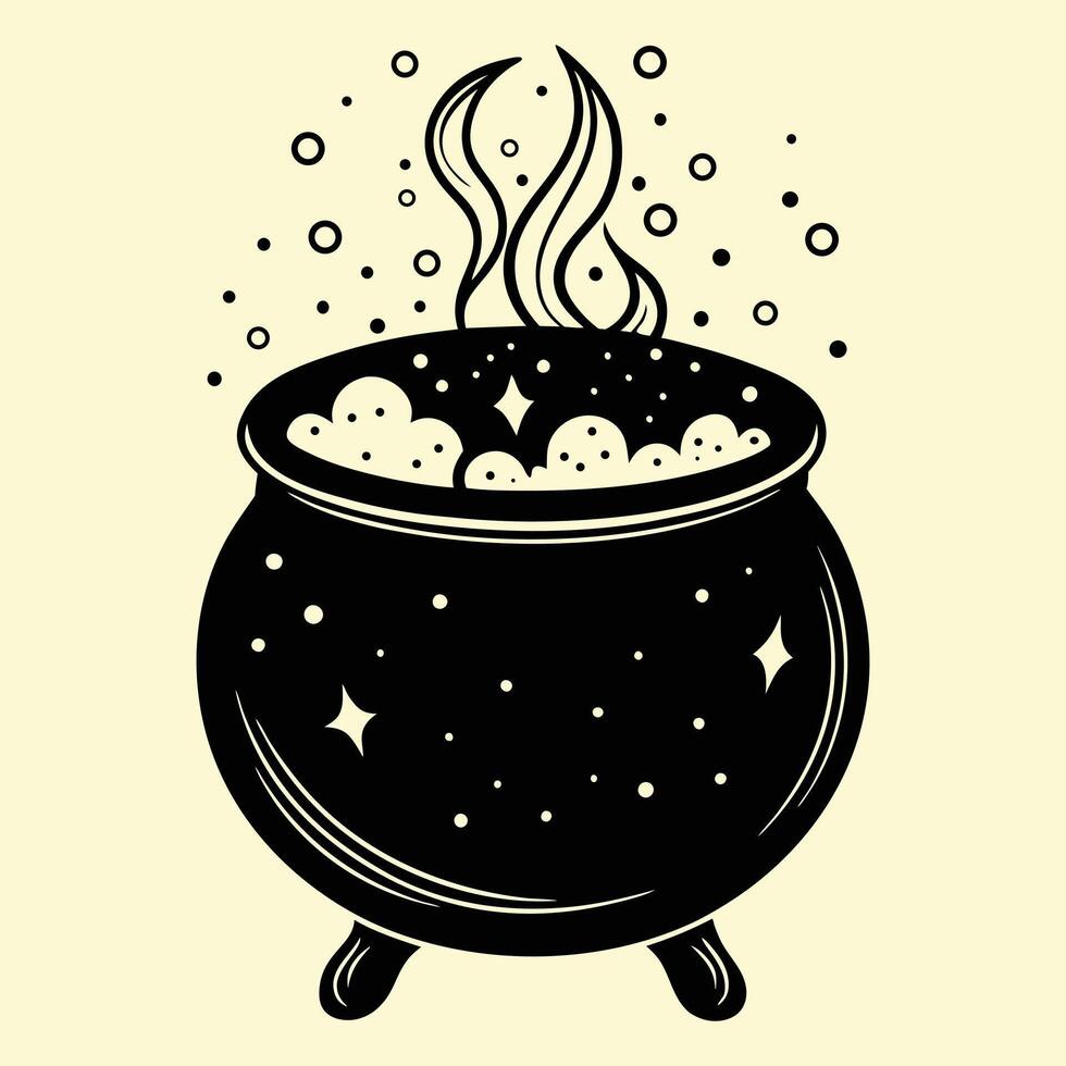 A black and white illustration of a cauldron with bubbling liquid vector