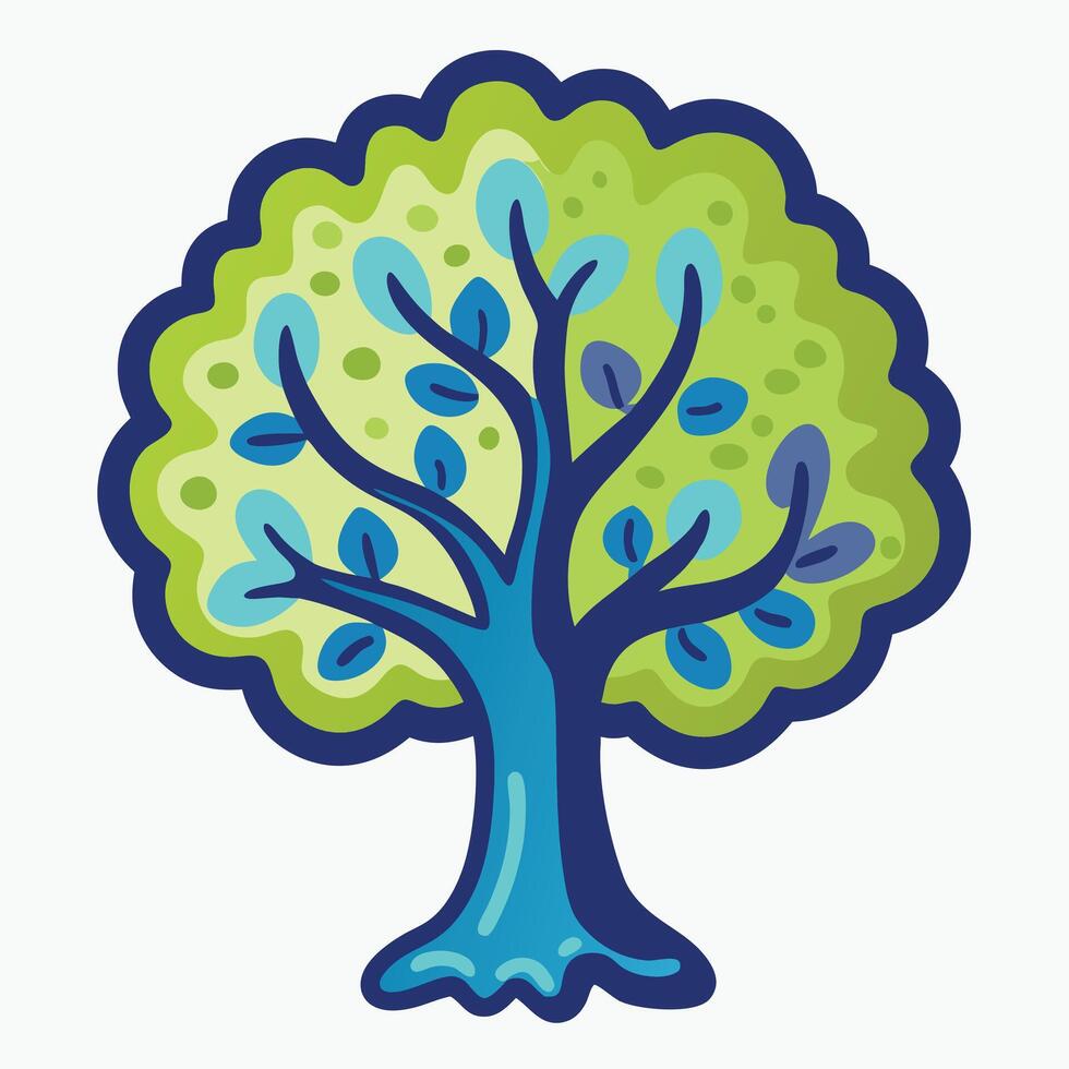 A cartoon tree with blue leaves and green leaves vector