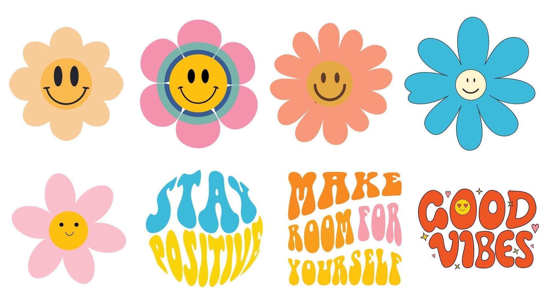 Funky daisy flower face collection. Cartoon-style smiles of retro chamomile. Happy stickers from the 1970s series. visual representation vector