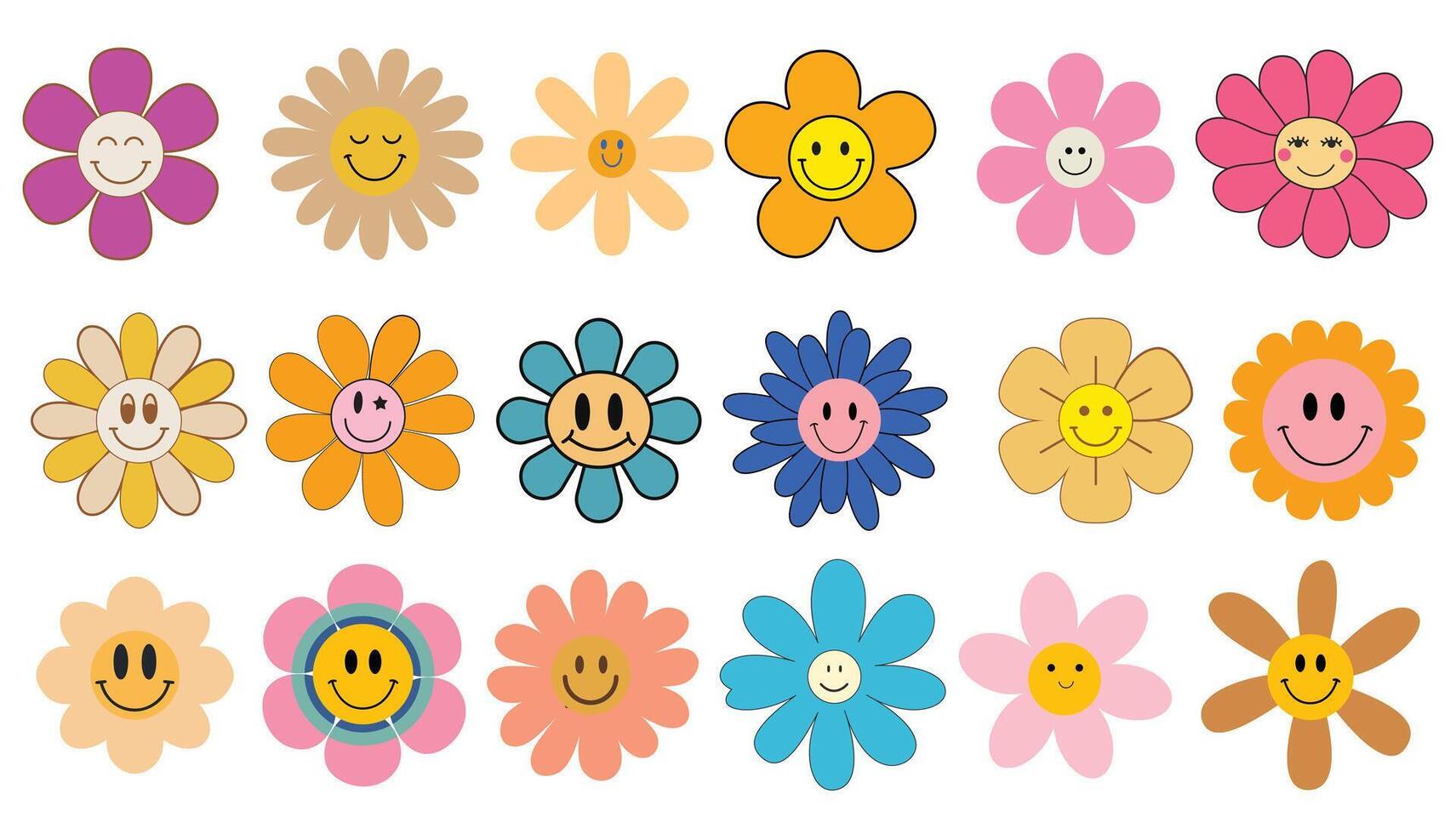 Groovy daisy flowers face collection.cute retro hippie daisy characters. Retro chamomile smiles in cartoon style. vector