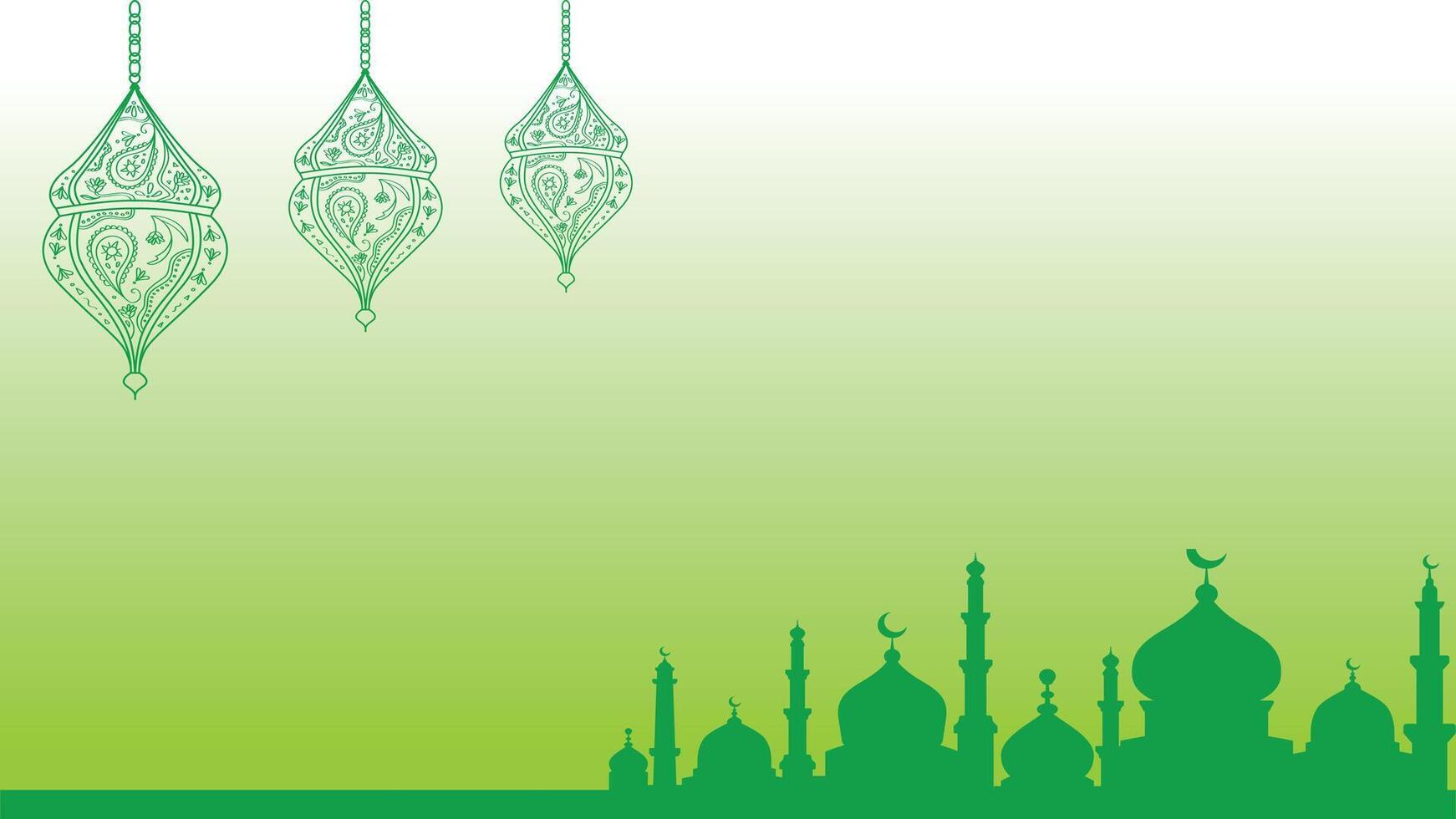 green islamic background with mosque and lanterns, suitable for banners of Eid al-Fitr, Eid al-Adha, Maulid Nabi Muharram, Islamic New Year and other Islamic themes vector