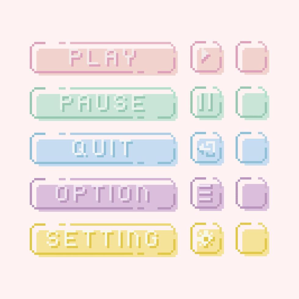 Pastel interface menu bar button 8 bit pixel art collection set. Computer game text and icon for play, pause, quit, setting, option. For game development, mobile app, social media post, vector