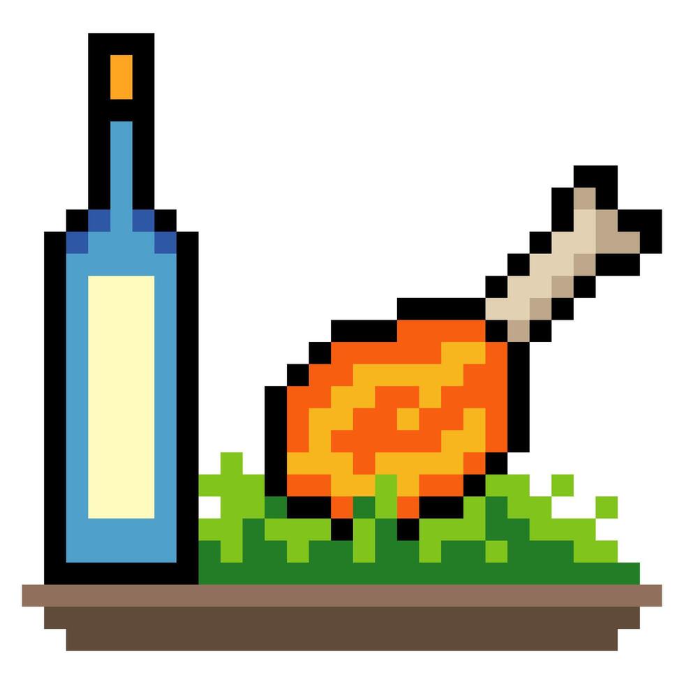 Grilled chicken thigh meat with wine bottle in pixel art style vector
