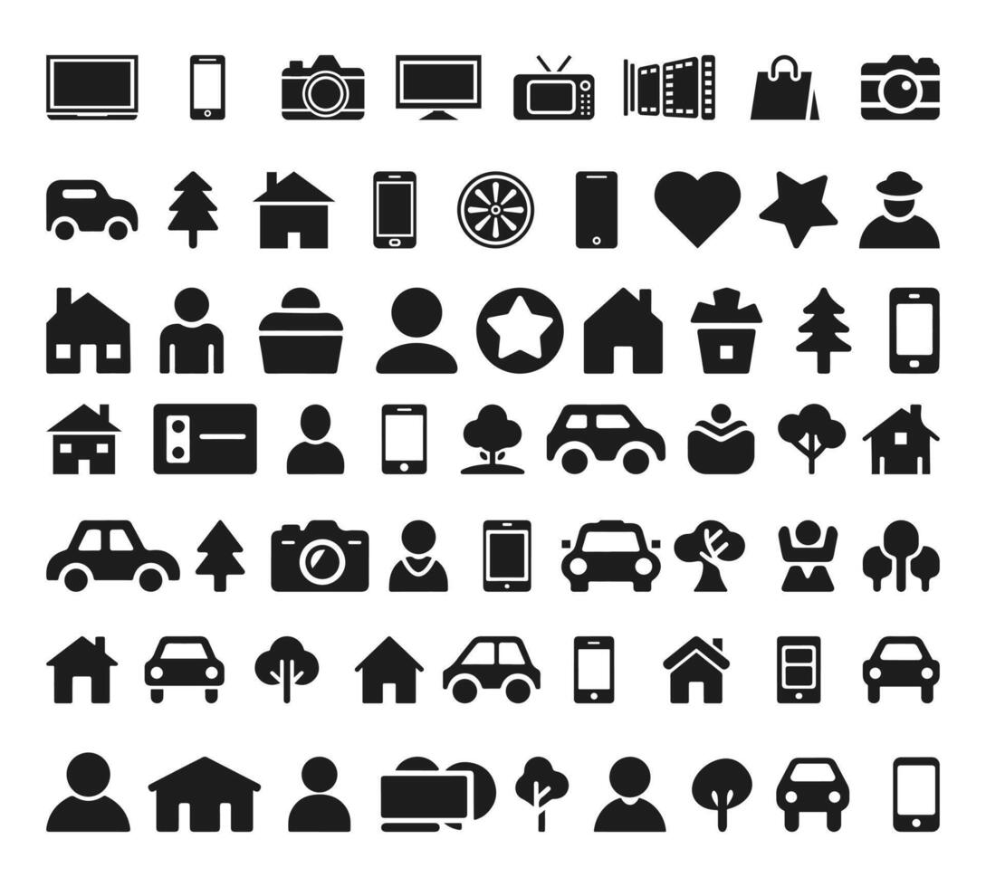 Black icon set silhouette on white background. Set of home icon. camera. phone and a car. vector