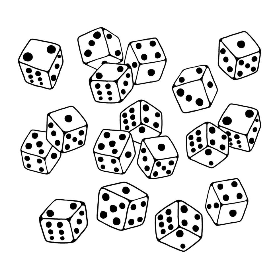 Set of illustration black line doodle Dice on white background. vector
