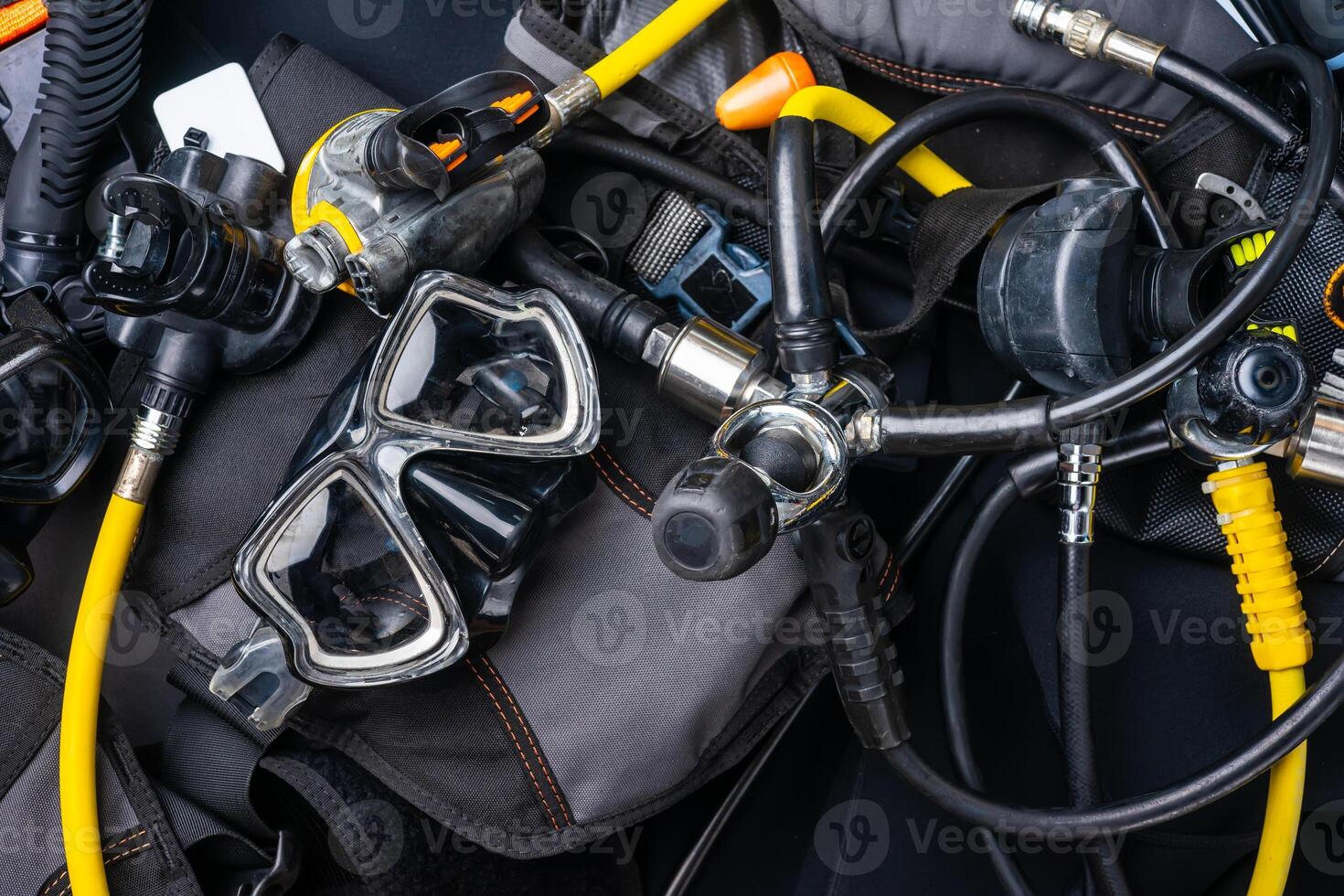 Scuba Fins, Regulator Octopus, Depth Gauge , Balanced Regulator ,Power Inflator ,Dive Mask and Snorkel , Scuba Gear for a Dive on a Boat photo