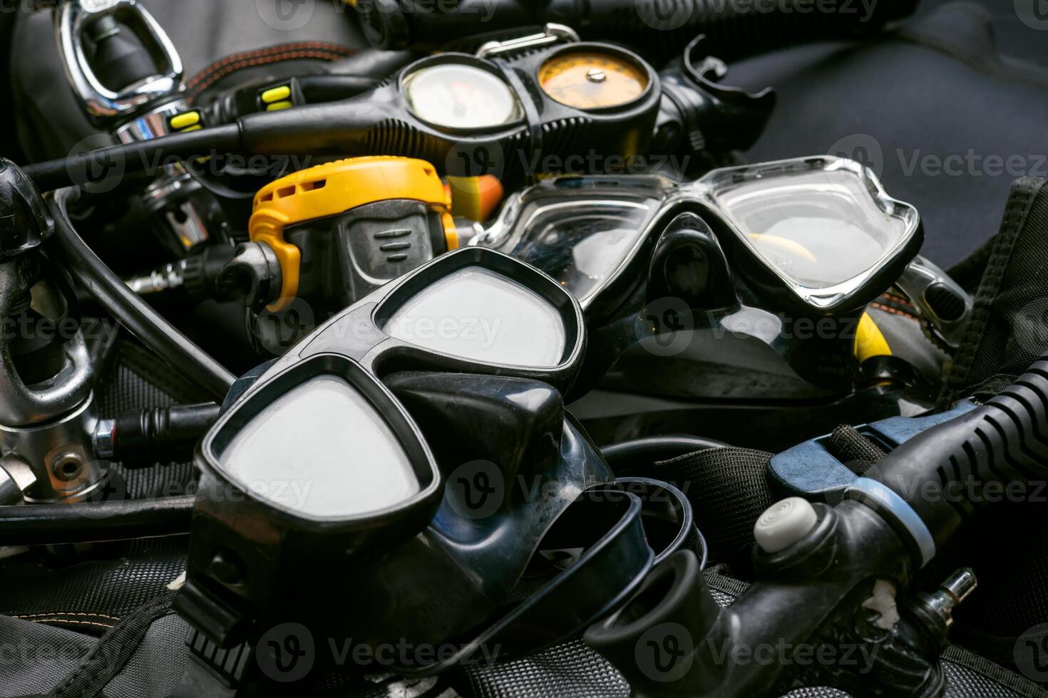 Scuba equipment Scuba Fins, Regulator Octopus, Depth Gauge , Balanced Regulator ,Power Inflator ,Dive Mask and Snorkel , Scuba Gear for a Dive on a Boat photo