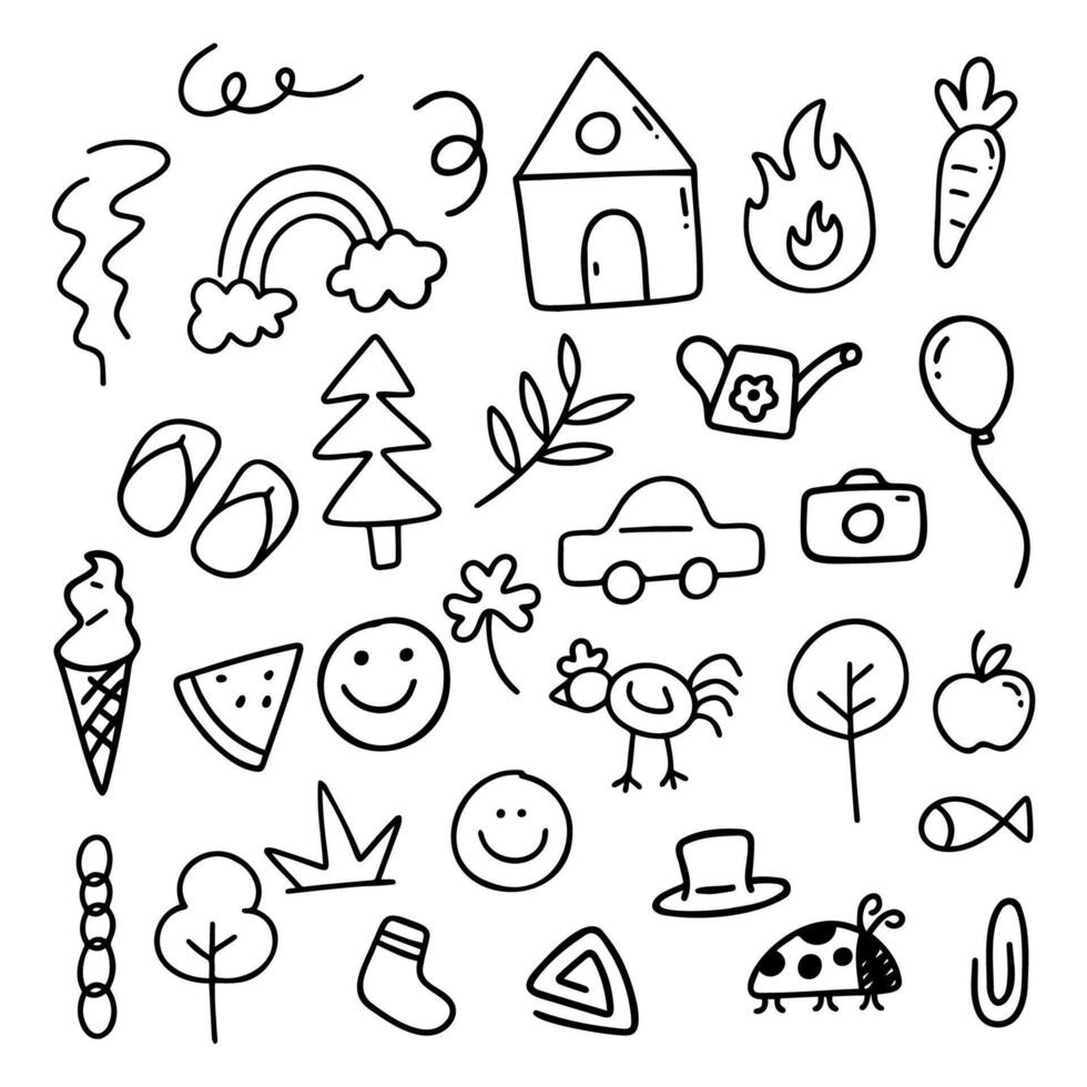 A collection of playful hand-drawn doodle icons featuring various everyday objects, plants, food, and symbols. Perfect for web design, social media, and fun creative projects. vector