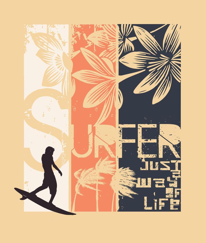 Illustration of a surfer silhouette in a composition with graphic elements. Editable art for prints on t-shirts, decoration, etc. vector
