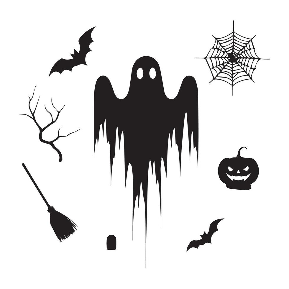 Halloween elements silhouette on white background. Ghost, pumpkin, broomstick, bats silhouette. vector