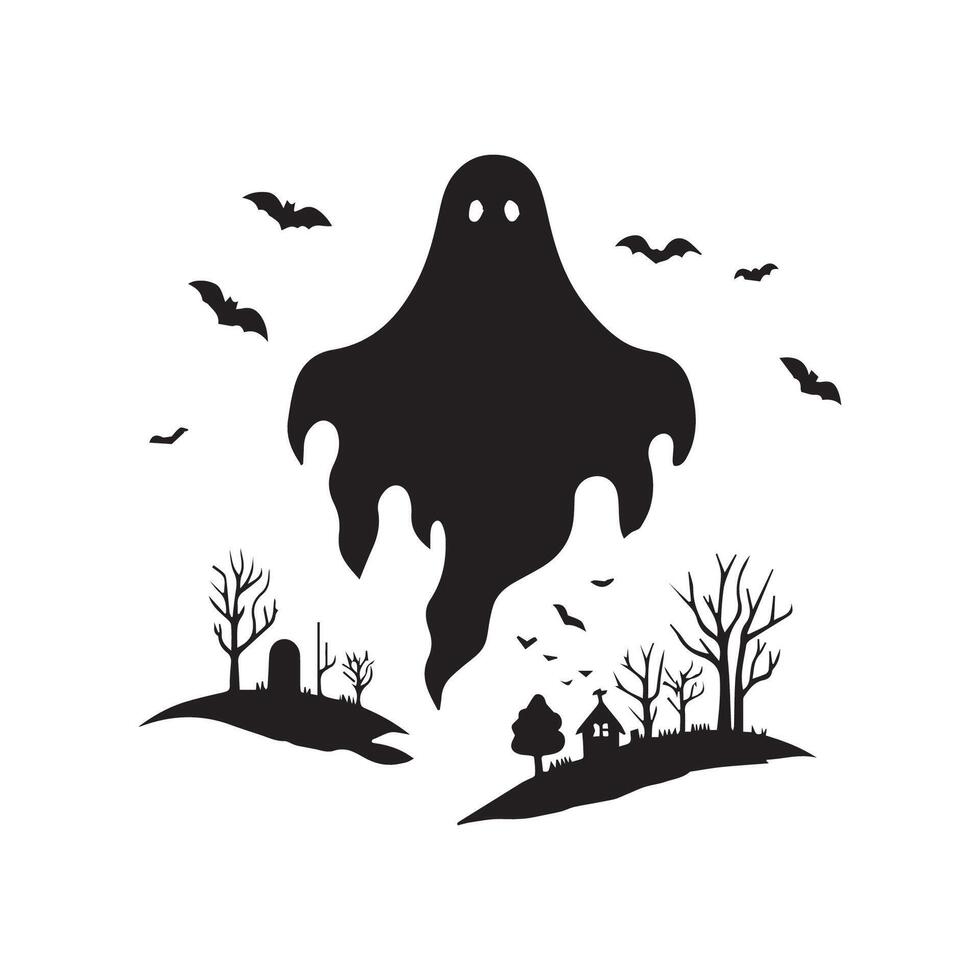 Halloween scary ghost silhouette. Halloween background with bats,ghost and trees vector
