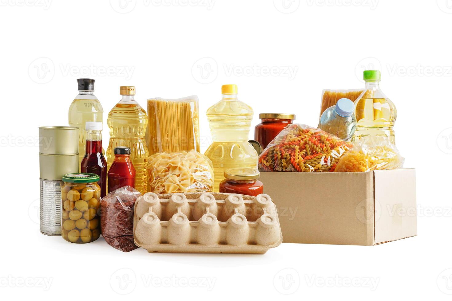 Foodstuffs for donation isolated on white background with clipping path for volunteer to help people. photo