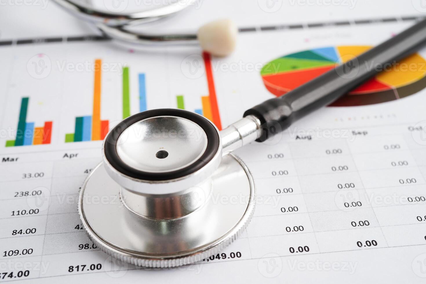 Stethoscope on chart or graph paper, Financial, account, statistics and business data medical health. photo