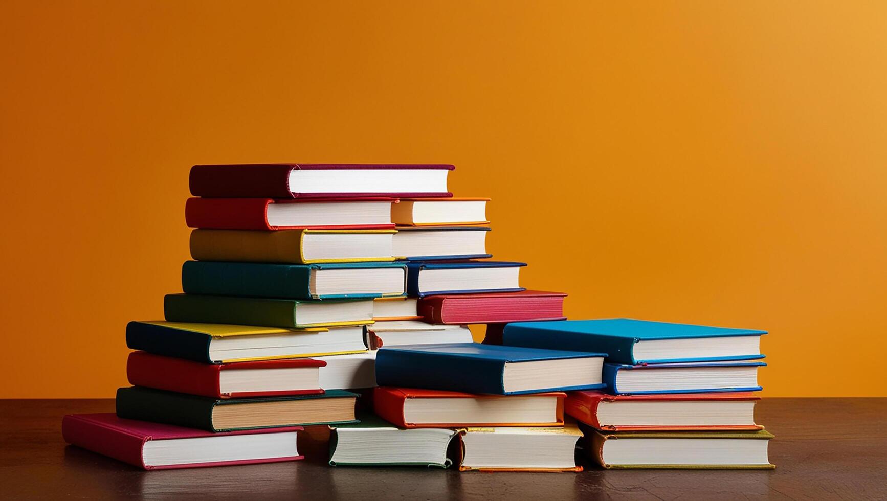 A stack of books on a table against an orange wall photo