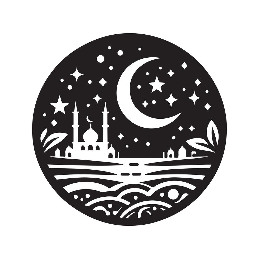 Ramadan Kareem Logo Crescent and Lanterns with Black Mosque Silhouette vector