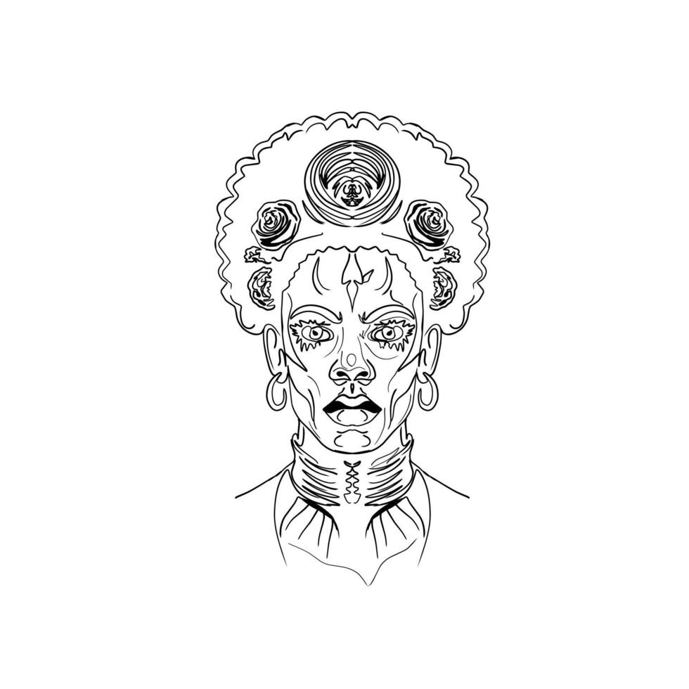 Halloween gothic face line art illustration black and white vector