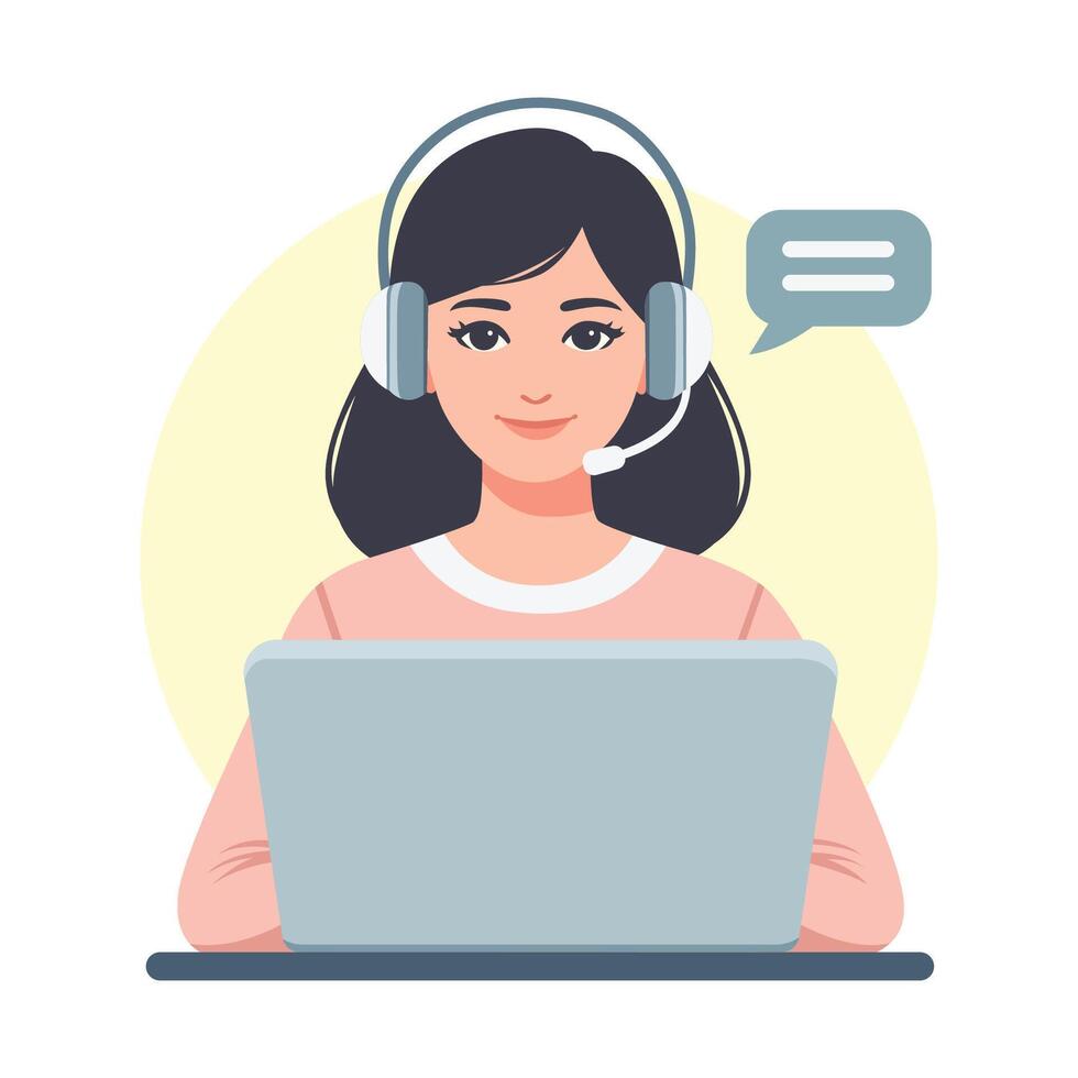 Woman in Headphones, Customer Support, Cartoon Style, Isolated Background vector