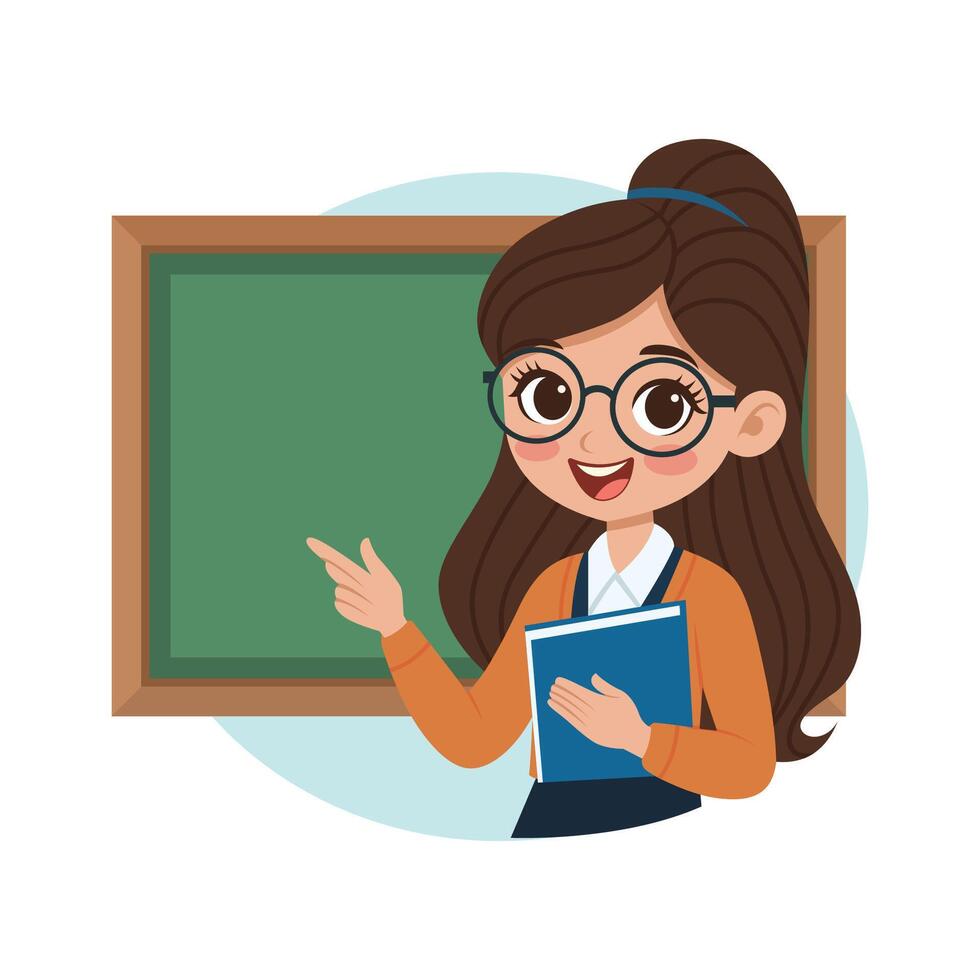 Teacher Explaining on Board, Young woman Teacher Teaching Cartoon Character Illustration for Education vector