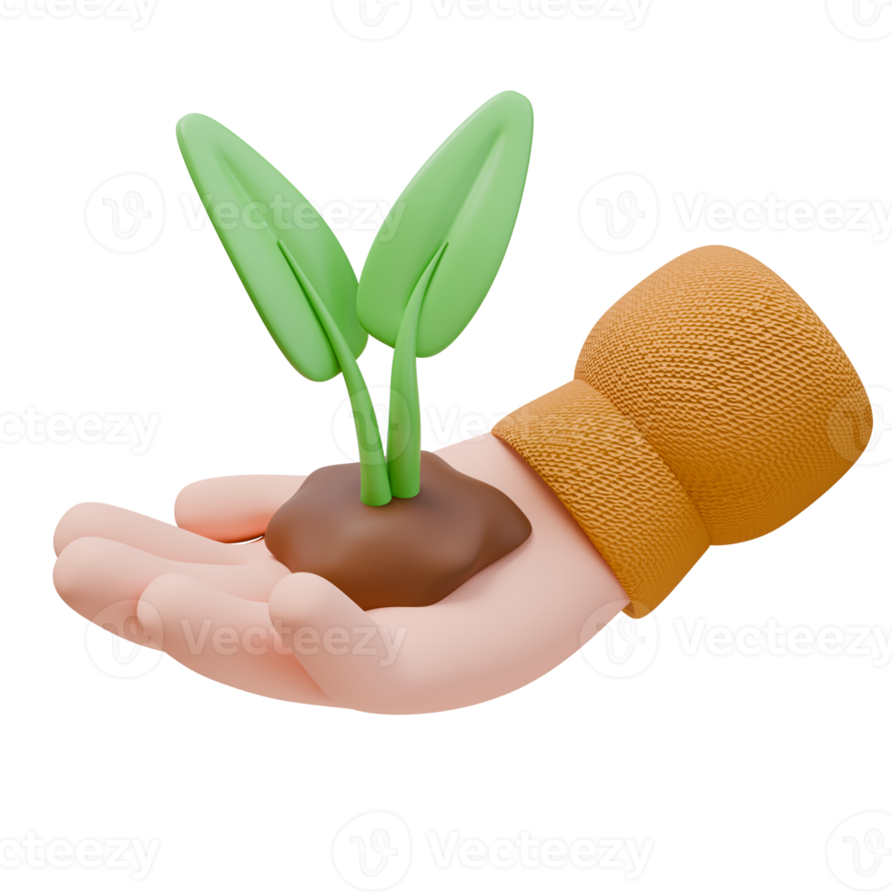 3D Render Icon Hand Holding Plant in Soil. Ecology Nature Protection Environment Concept. 3D Illustration Design Web Mobile App png