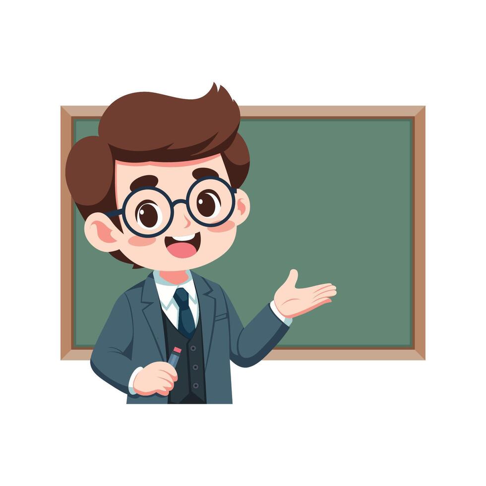 Young man teacher teaching cartoon character, teacher explaining something in front of the board illustration vector