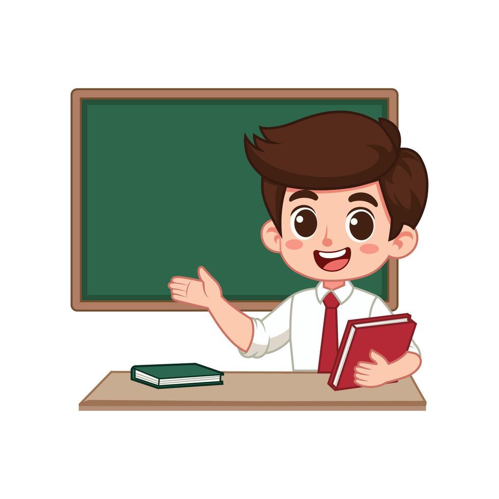 Young man Teacher Teaching Cartoon Character, Educational Illustration with Teacher Explaining on the Board vector