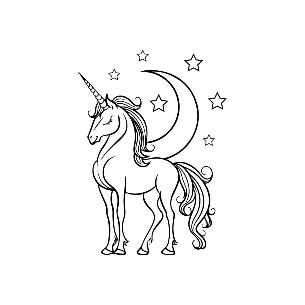 outline illustration of unicorn with moon. vector
