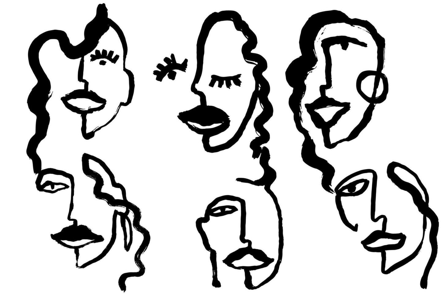 Contemporary Ink Brush Abstract Modern Girl Portrait Set vector