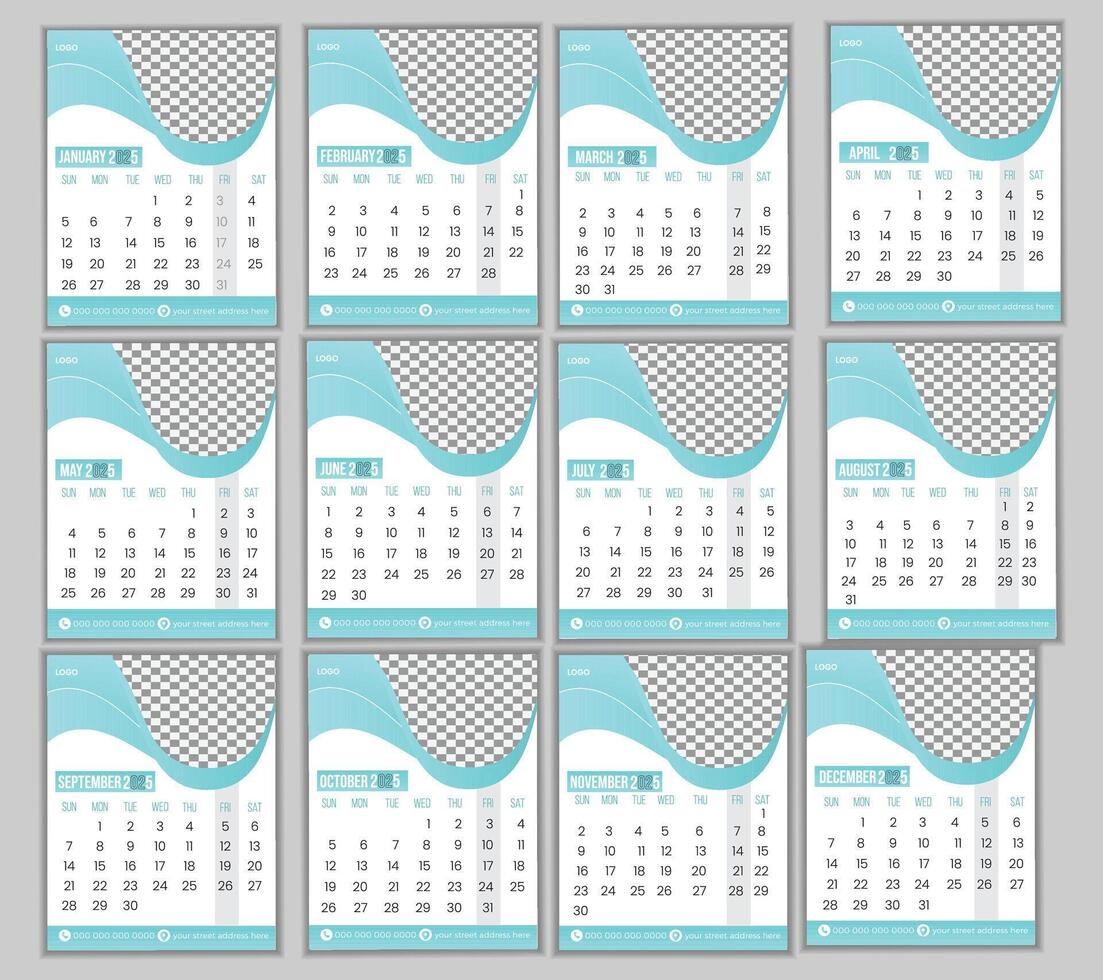2025 Nature-Themed Monthly Calendar with Scenic Photography. vector